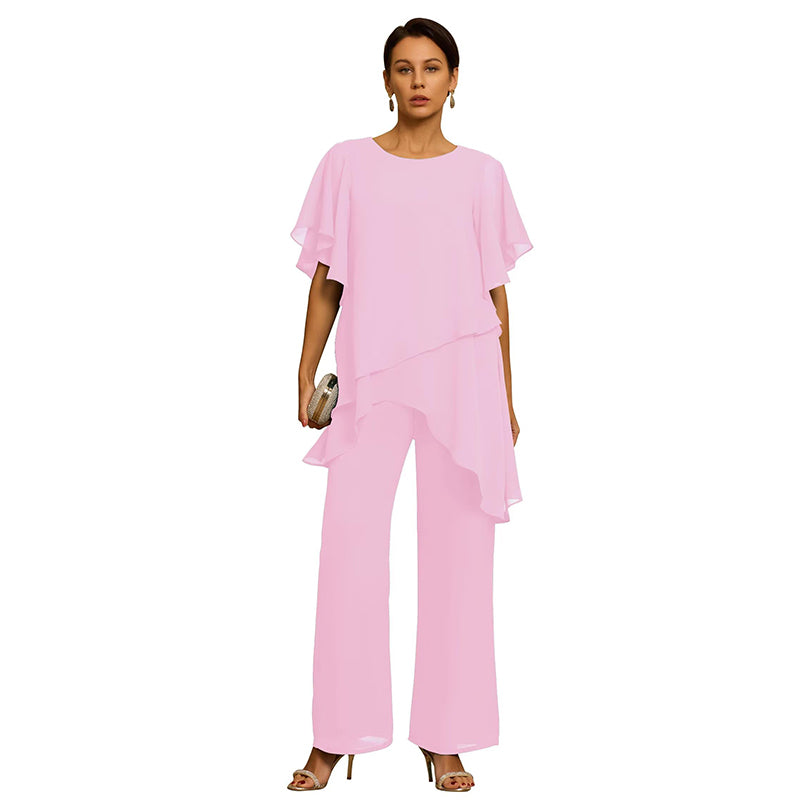 Set Elegant din Șifon: Top Asimetric cu Volane și Pantaloni Lejeri – Ținută Rafinată pentru Evenimente, S-3XL