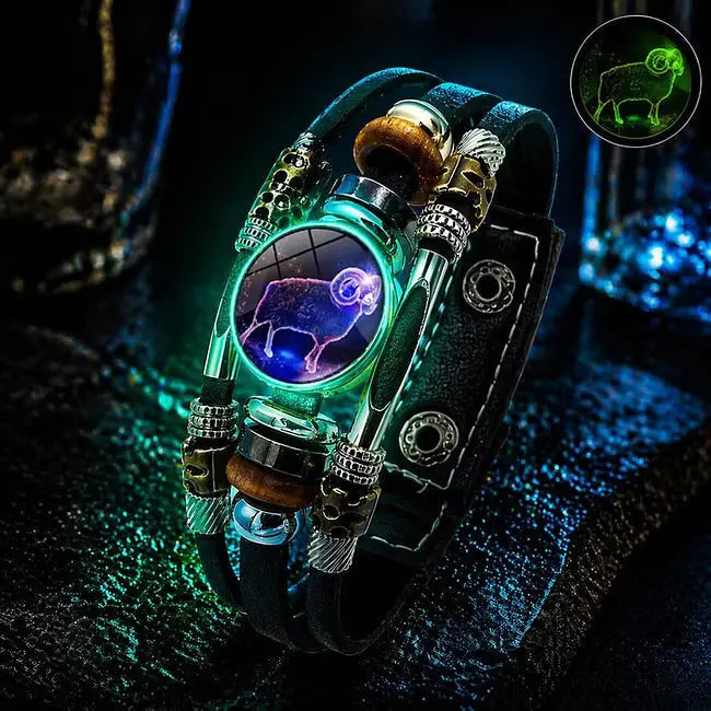 Świecąca skórzana bransoletka z symbolem zodiaku – 3-warstwowy pleciony, regulowana długość, unisex