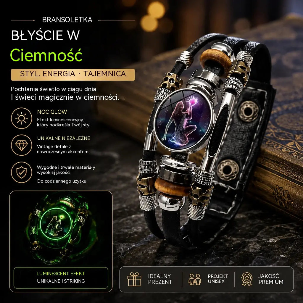 Świecąca skórzana bransoletka z symbolem zodiaku – 3-warstwowy pleciony, regulowana długość, unisex