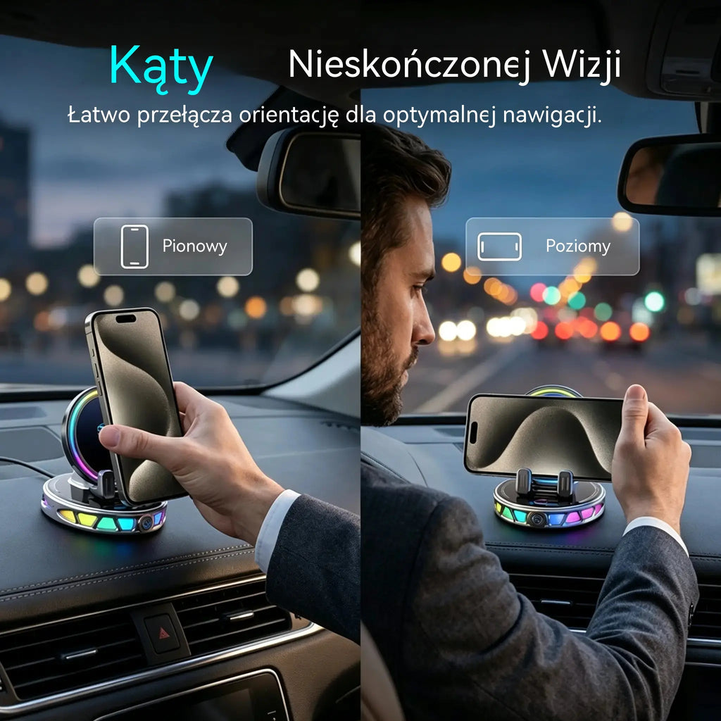 📱 Uchwyt samochodowy RGB z automatycznym zaciskiem i ładowaniem bezprzewodowym 15 W