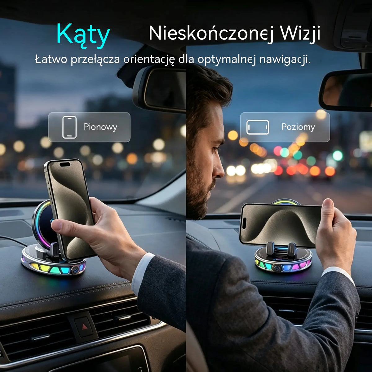 📱 Uchwyt samochodowy RGB z automatycznym zaciskiem i ładowaniem bezprzewodowym 15 W