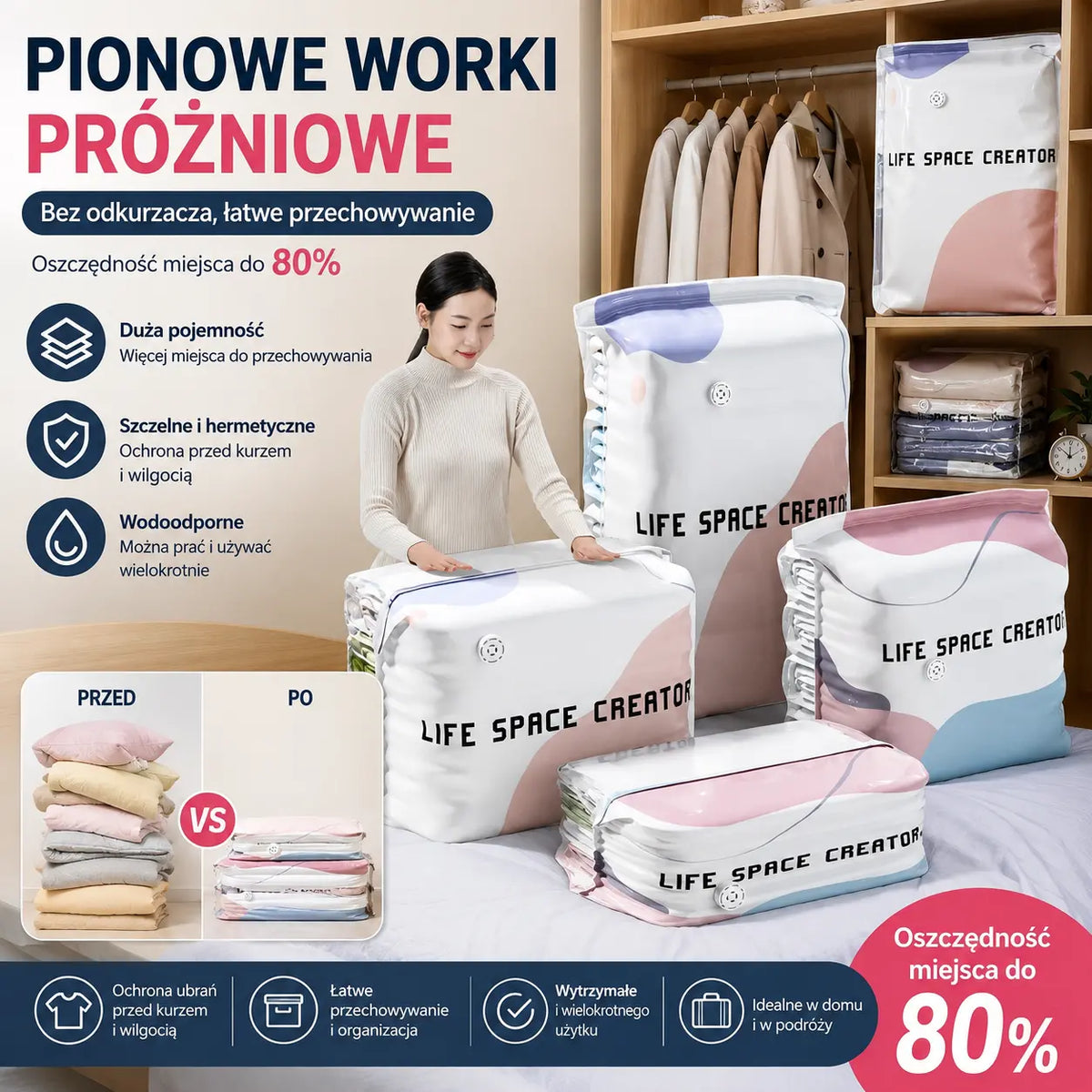 🧳【Zestaw 5 sztuk】💨 Duży, kompresyjny worek próżniowy: Nie wymaga pompki, jest szczelny i idealny do oszczędzania miejsca w walizkach oraz w domu