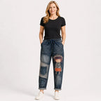 Damskie jeansy retro o luźnym kroju z aplikacją i elastycznym pasem – jeansy haremowe w niepowtarzalnym stylu (rozmiary S-5XL, 2 kolory)
