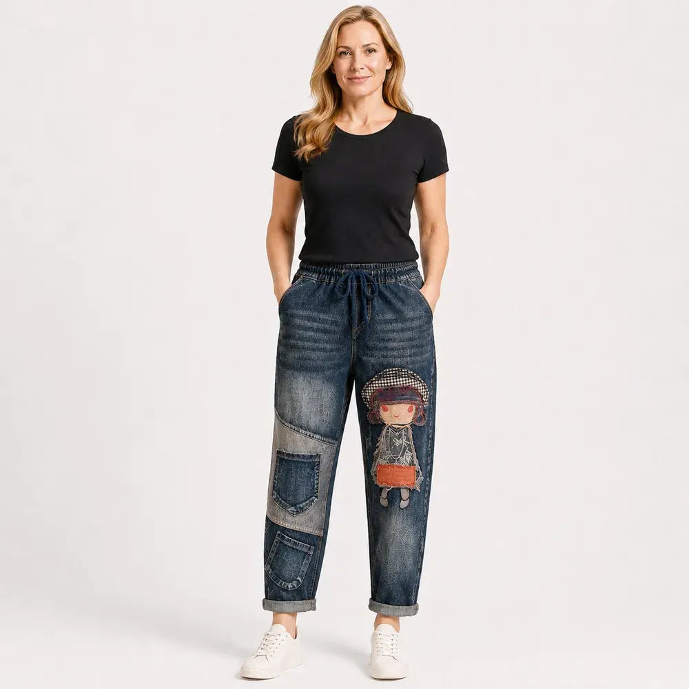 Damskie jeansy retro o luźnym kroju z aplikacją i elastycznym pasem – jeansy haremowe w niepowtarzalnym stylu (rozmiary S-5XL, 2 kolory)