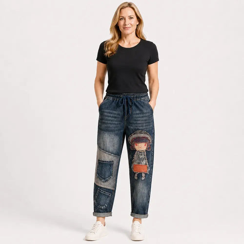 Damskie jeansy retro o luźnym kroju z aplikacją i elastycznym pasem – jeansy haremowe w niepowtarzalnym stylu (rozmiary S-5XL, 2 kolory)