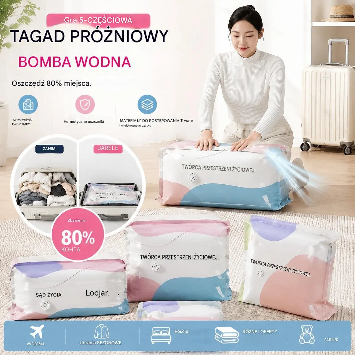 🧳【Zestaw 5 sztuk】💨 Duży, kompresyjny worek próżniowy: Nie wymaga pompki, jest szczelny i idealny do oszczędzania miejsca w walizkach oraz w domu