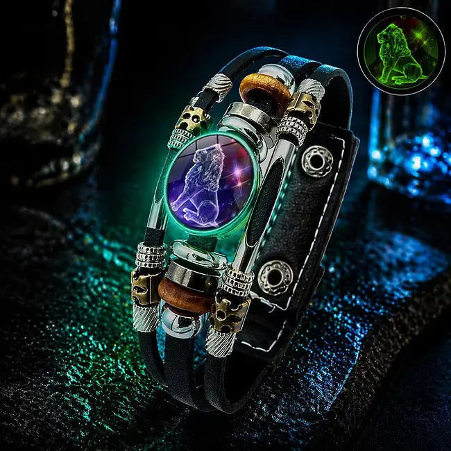 Świecąca skórzana bransoletka z symbolem zodiaku – 3-warstwowy pleciony, regulowana długość, unisex