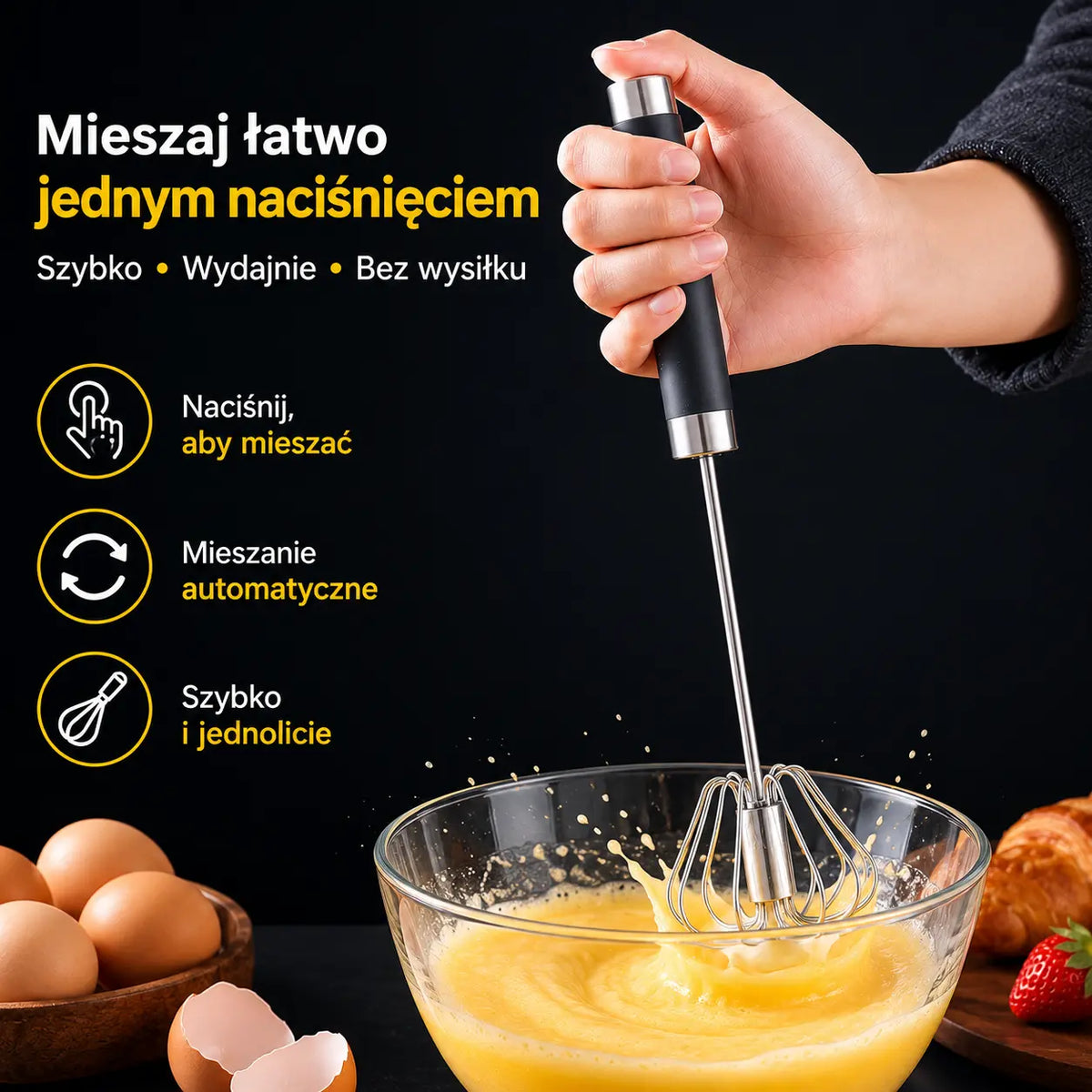 🥚 Kup 1 + 1 GRATIS! Stalowa trzepaczka półautomatyczna – szybkie mieszanie, mniej wysiłku, bez baterii