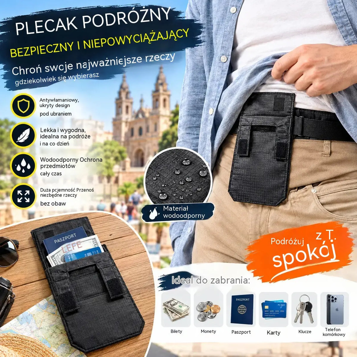 💳✈️ Dyskretny pas biodrowy na paszport, gotówkę i karty – Poręczna i bezpieczna saszetka na lotniska, wycieczki miejskie oraz wyprawy w teren