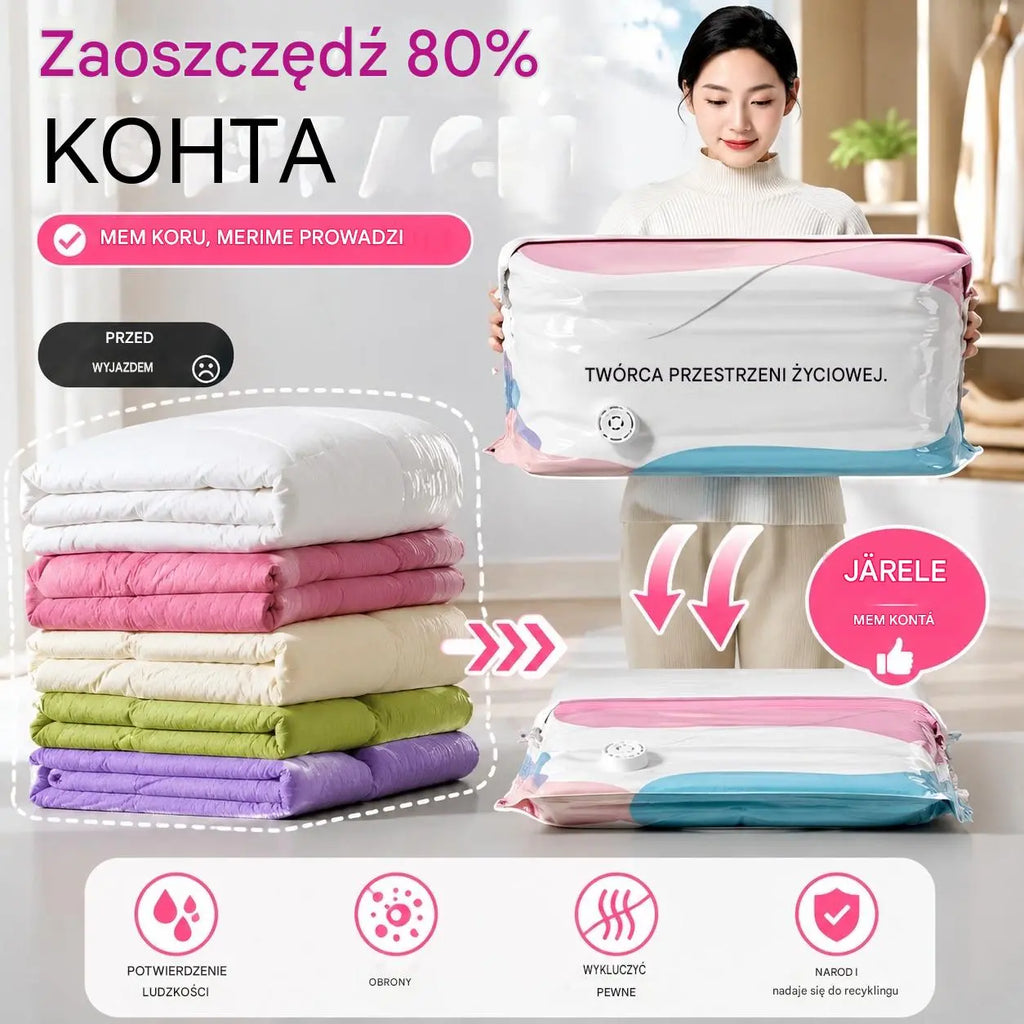 🧳【Zestaw 5 sztuk】💨 Duży, kompresyjny worek próżniowy: Nie wymaga pompki, jest szczelny i idealny do oszczędzania miejsca w walizkach oraz w domu