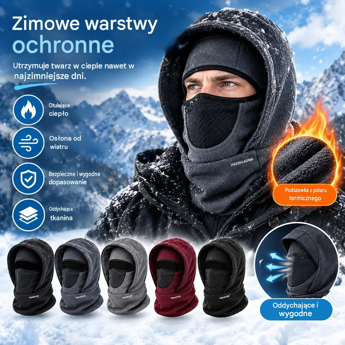 🎉🧣❄️ Ciepła, wiatroszczelna, dwuwarstwowa czapka z polaru, która chroni twarz – idealna na zimę.