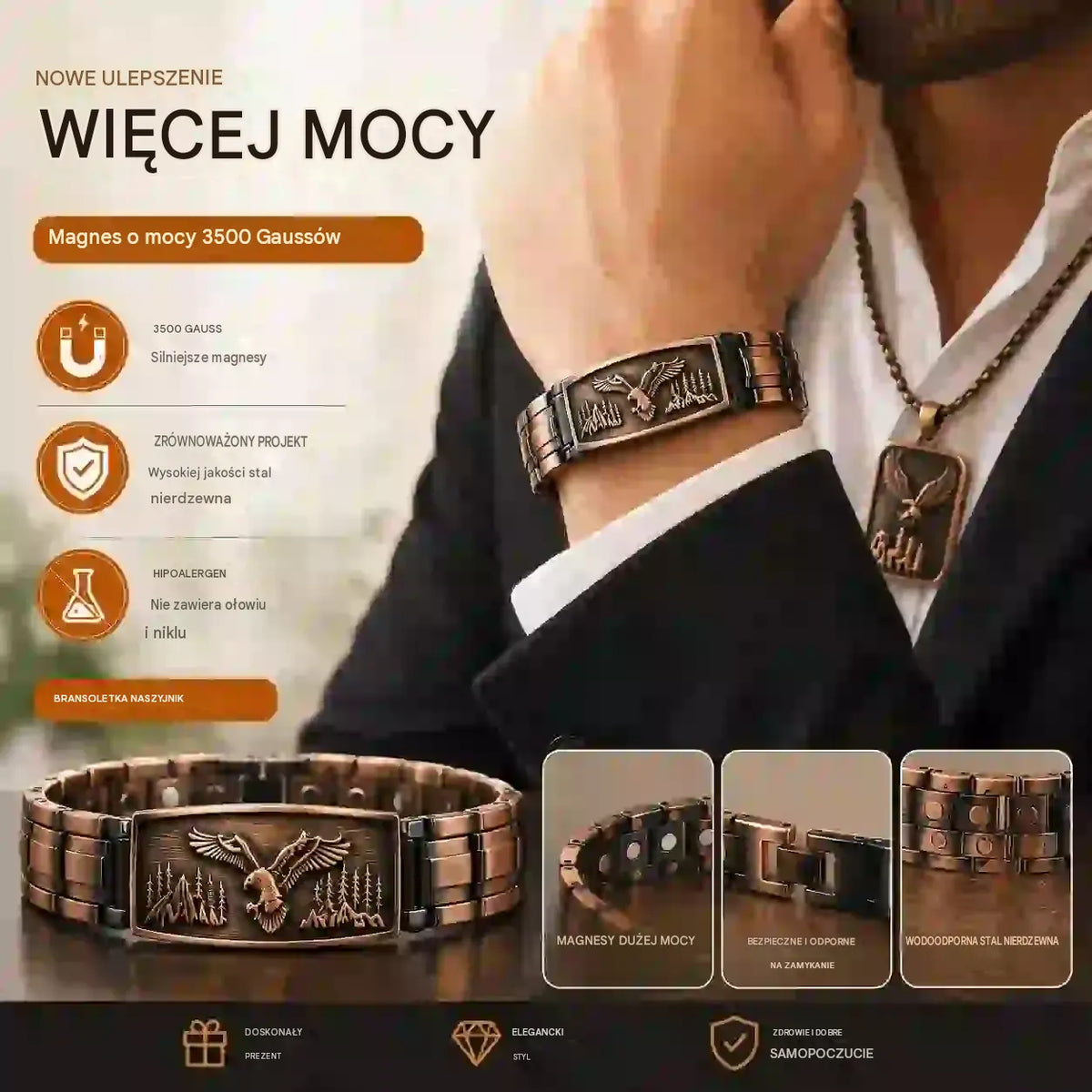 【Bransoletka + Naszyjnik】Męska bransoletka magnetyczna z motywem orła