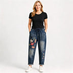 Damskie jeansy retro o luźnym kroju z aplikacją i elastycznym pasem – jeansy haremowe w niepowtarzalnym stylu (rozmiary S-5XL, 2 kolory)