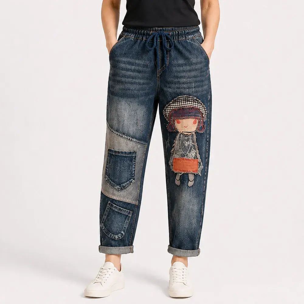 Damskie jeansy retro o luźnym kroju z aplikacją i elastycznym pasem – jeansy haremowe w niepowtarzalnym stylu (rozmiary S-5XL, 2 kolory)