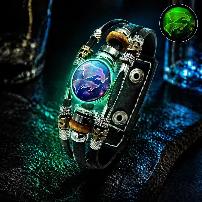 Świecąca skórzana bransoletka z symbolem zodiaku – 3-warstwowy pleciony, regulowana długość, unisex