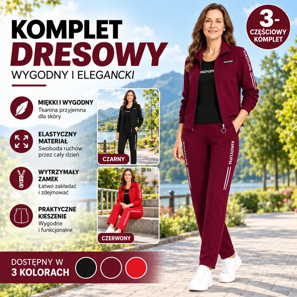 【M–6XL】🌸 Elegancja i pełen komfort! Stylowy 3-częściowy damski komplet sportowy (kurtka na zamek + koszulka + spodnie) ✨