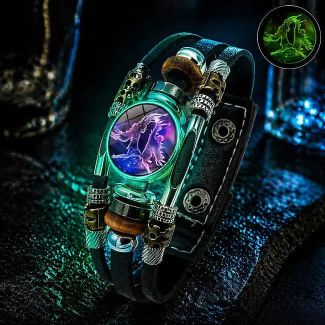 Świecąca skórzana bransoletka z symbolem zodiaku – 3-warstwowy pleciony, regulowana długość, unisex
