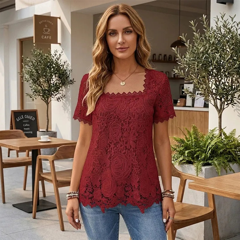 👚Bluză cu mânecă scurtă, decolteu pătrat și dantelă decupată în stil francez