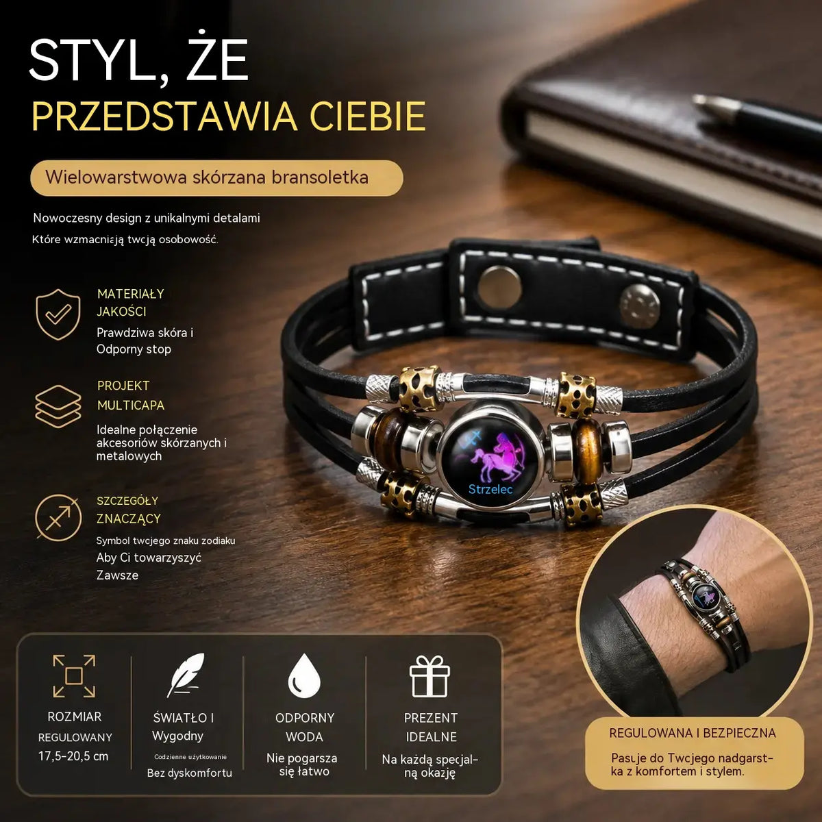 Świecąca skórzana bransoletka z symbolem zodiaku – 3-warstwowy pleciony, regulowana długość, unisex