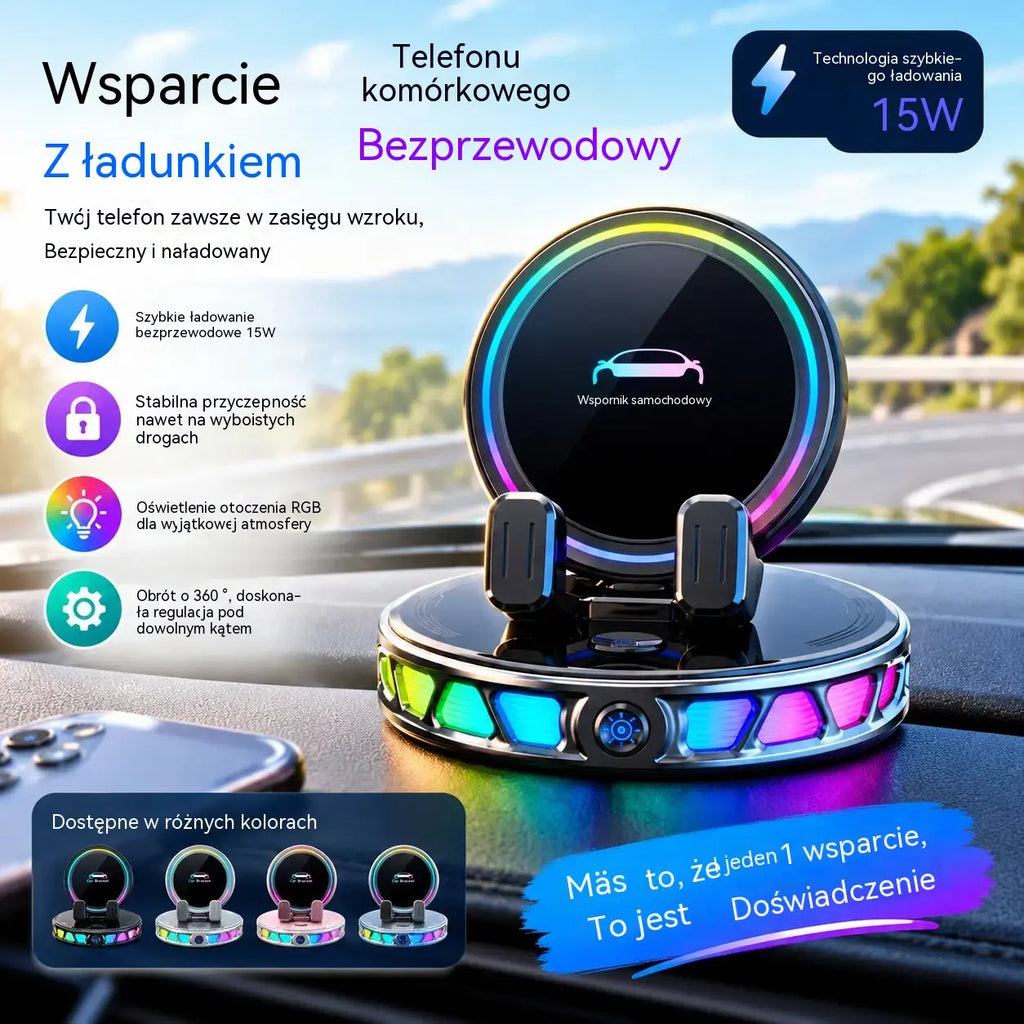 📱 Uchwyt samochodowy RGB z automatycznym zaciskiem i ładowaniem bezprzewodowym 15 W