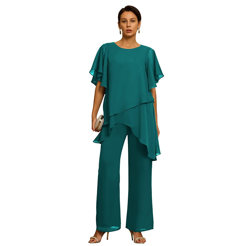 Set Elegant din Șifon: Top Asimetric cu Volane și Pantaloni Lejeri – Ținută Rafinată pentru Evenimente, S-3XL