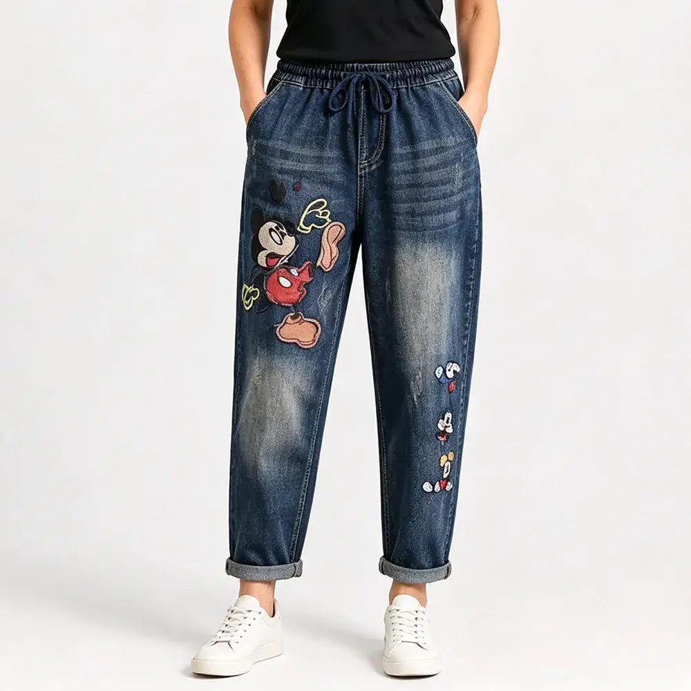 Damskie jeansy retro o luźnym kroju z aplikacją i elastycznym pasem – jeansy haremowe w niepowtarzalnym stylu (rozmiary S-5XL, 2 kolory)