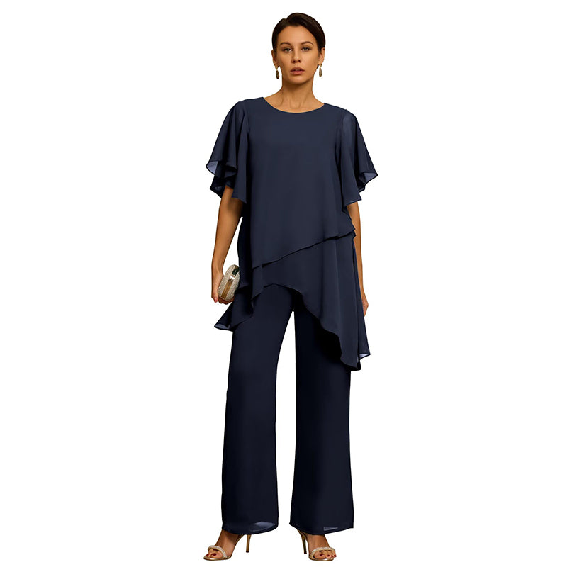 Set Elegant din Șifon: Top Asimetric cu Volane și Pantaloni Lejeri – Ținută Rafinată pentru Evenimente, S-3XL